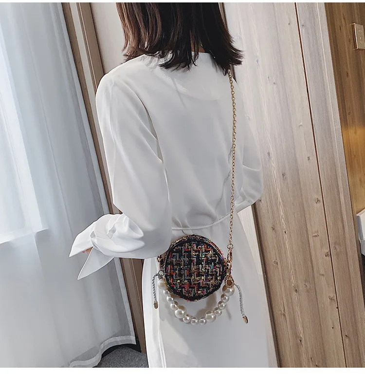 bolsos модные женские сумки-почтальон, круглая сумка на плечо, дизайнерская сумка через плечо, твидовые сумки для женщин, жемчужное колье, сумка