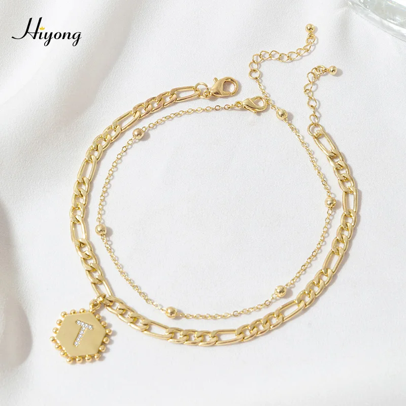 

HIYONG Initial A-Z Letter Anklet For Women Hexagon Gold Color Leg Bracelet Figaro Chain Alphabet Anklet Set Summer Foot Jewelry