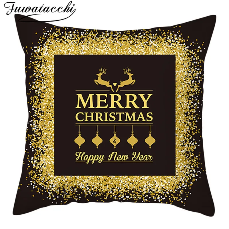 

Fuwatacchi Merry Christmas Black Background Pillow Covers Gold printed Cushion Cover for Home Sofa Decorative Throw Pillowcases