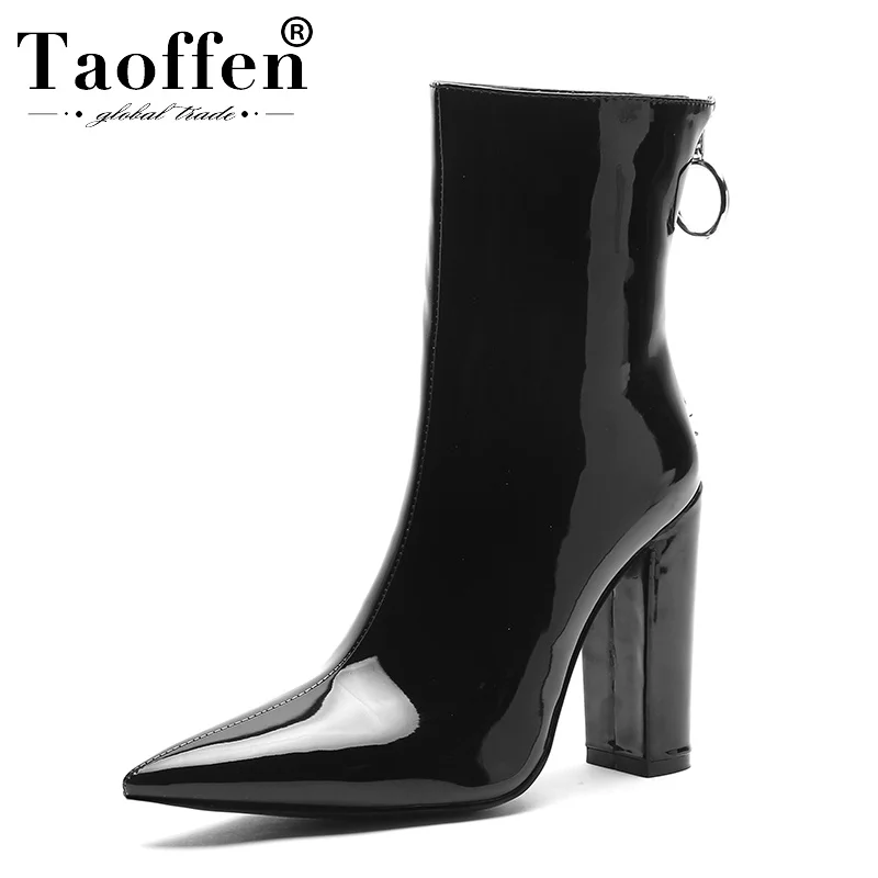 Taoffen Ankle Boots For Women Sexy Pointed Toe Shoes Western Style Fashion Black Leather Club Female Footwear Size 34-45 | Обувь