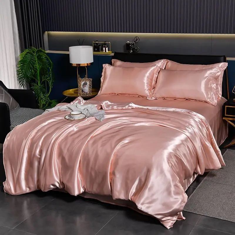 

Silk luxury Bedding Set with fitted sheet High-end Ice Silk Satin Bedding Sets soft smooth Solid Color quilts Cover 3/4 Pcs Set
