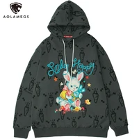 aolamegs cartoon watercolor rabbit carrot printed hoodie men hooded baggy retro fashion hip hop style pullover autumn streetwear