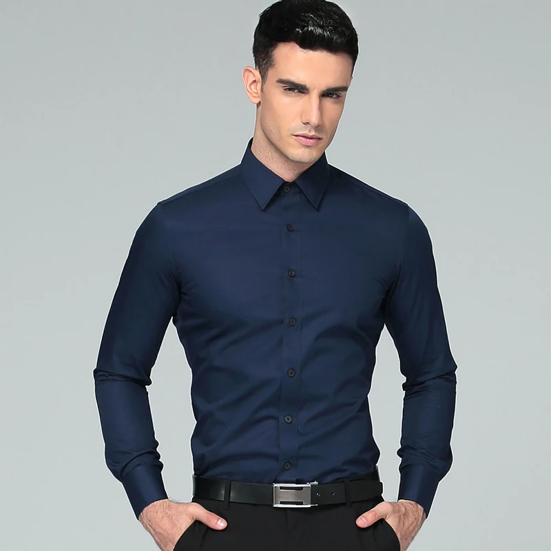 

High Quality Men's Dress Shirt Brands New Fashion Regular Fit Wedding Shirts Business Long Sleeve with Cufflink Solid Color