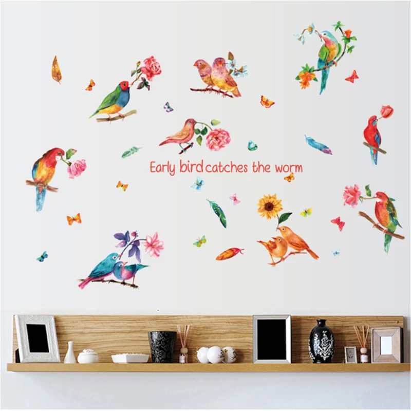 

Romantic Bird Flower Wall stickers PVC Vinyl Wallpaper For Kids Lovley Room Decor Animal Home Decor For Bedroom Removable