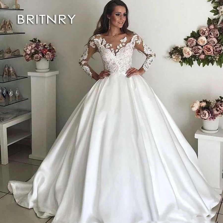 

BRITNRY Sexy V-Neck Court Train Wedding Gown Simple Bride Dress Vestido De Novia White Elegant Satin A-Line Wedding Dress