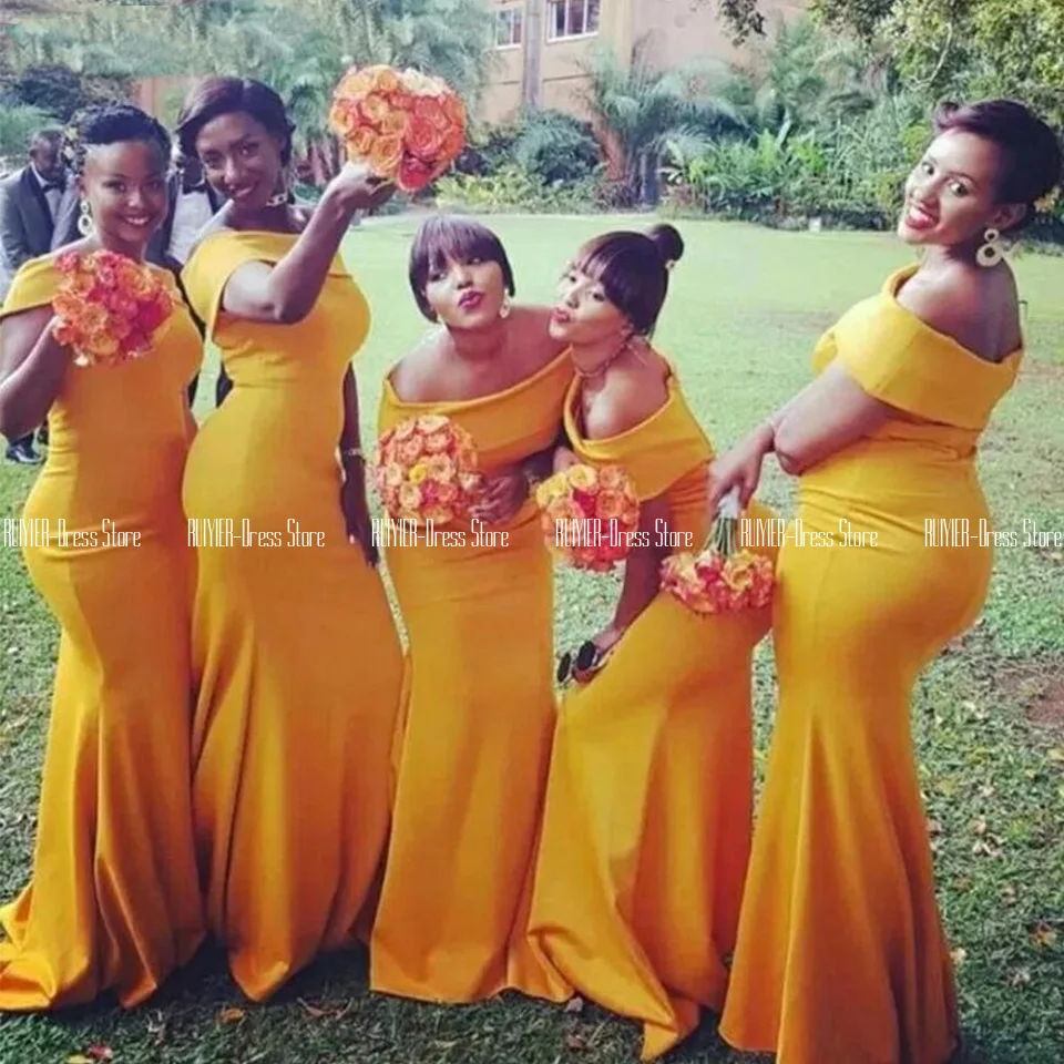 

Yellow Mermaid Bridesmaid Dresses Off The Shoulder Zipper Up Back Wedding Party Dresses Satin Vestidos De Dama De Honor