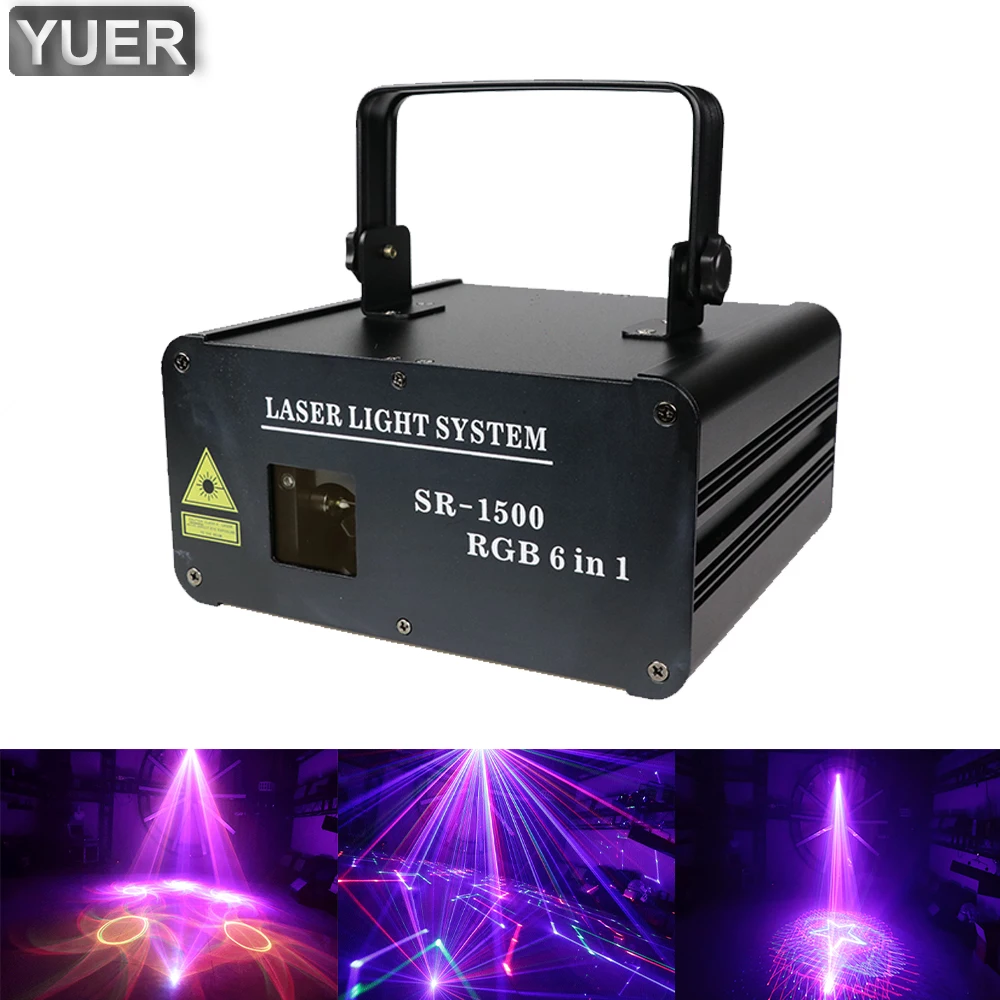 

1.5W RGB 6IN1 Animation Laser DJ Disco Light Strobe Party Stage Lighting Effect Voice Control Projector Light For Dance Floor