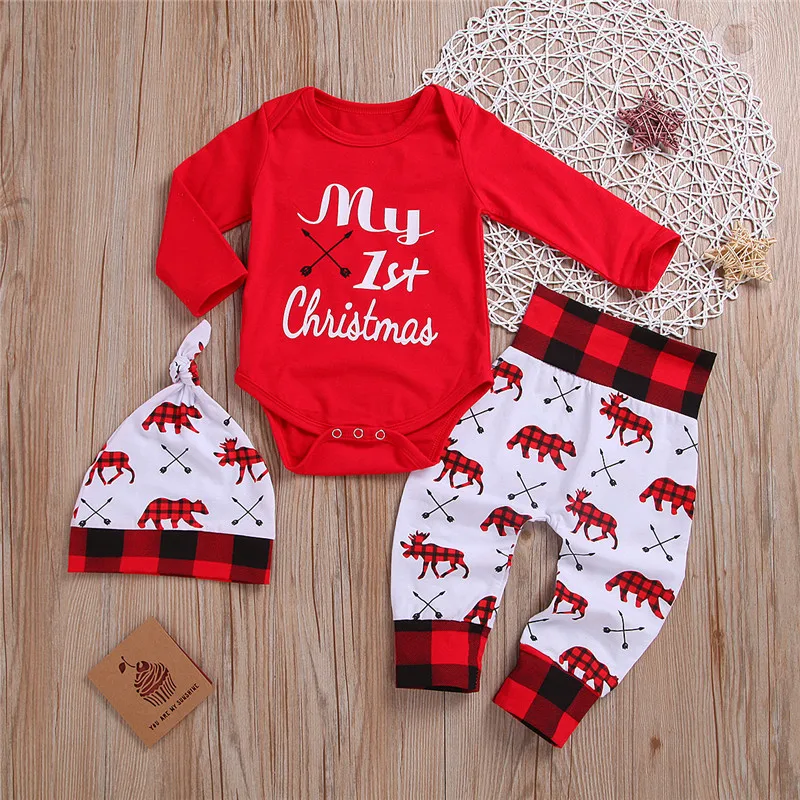 CANIS casual New Baby Boy Girl Newborn First Christmas printed Clothes Romper Trousers Hat Outfit Set | Детская одежда и обувь