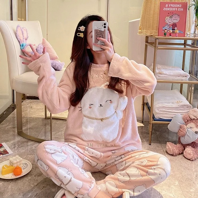 QWEEK Pajama Set Women Flannel Pijamas Winter Home Clothes Unicorn Loungewear Sleepwear Knitting Pyjamas Comfortable Warm Sweet