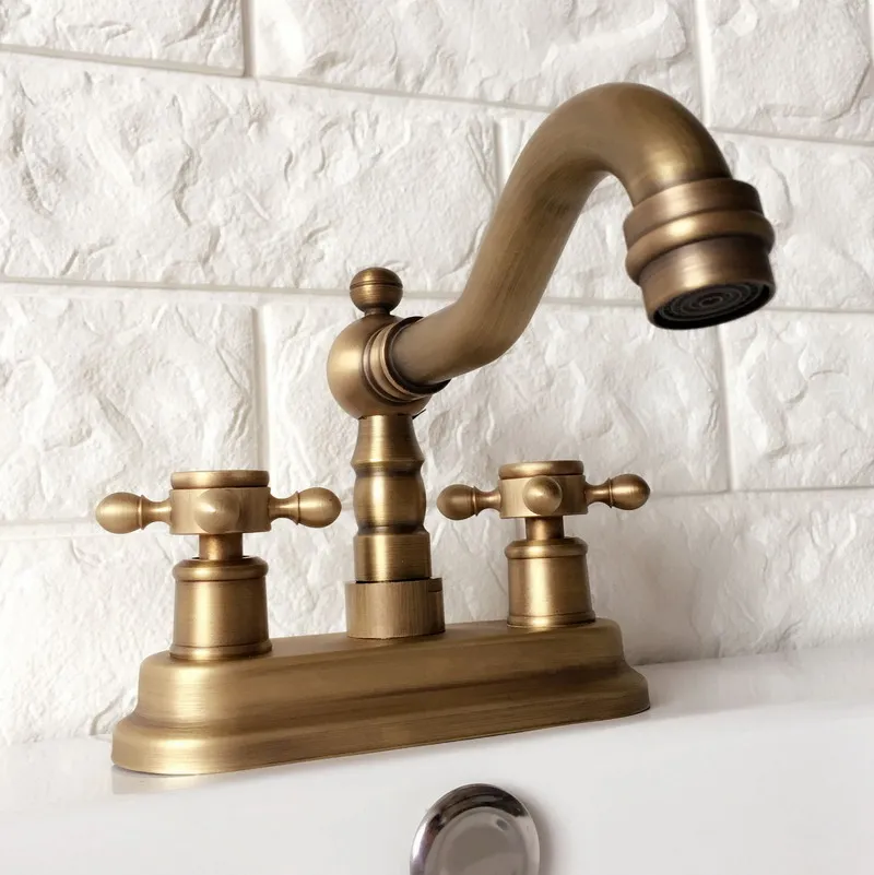 

Antique Retro Brass Double Hole Deck Mount Kitchen Bathroom Sink Faucet Swivel Spout Hot Cold Mixer Water Tap 2an063