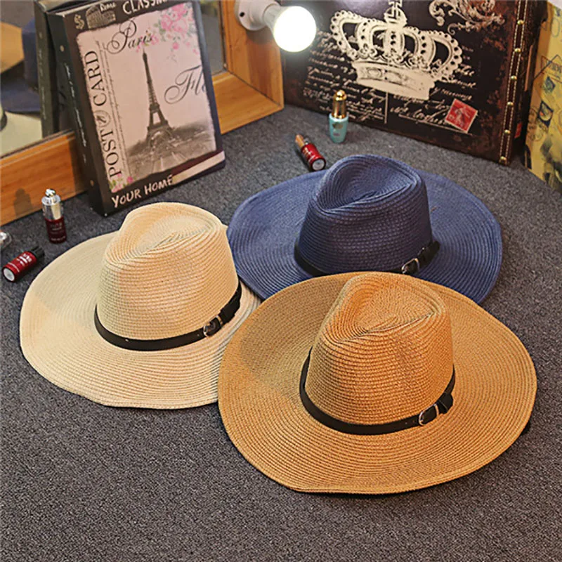 

Summer Unisex Straw Hat Foldable Thin Belt Cowboy Hat Man Women Sun Hat Outdoor Big Eaves Lovers Sunscreen Travel Casual Cap