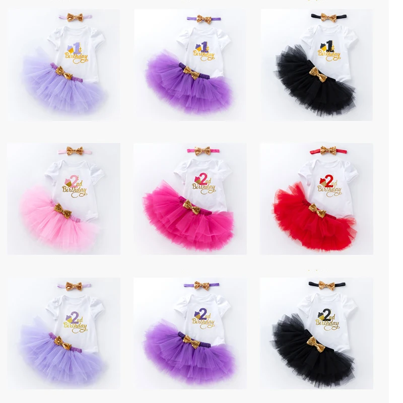 

2 Year Girls Baby Birthday Dress First Birthday Party Tutu Dress Toddler 3 PC Infant Clothing Newborn Romper Headband Dress Set