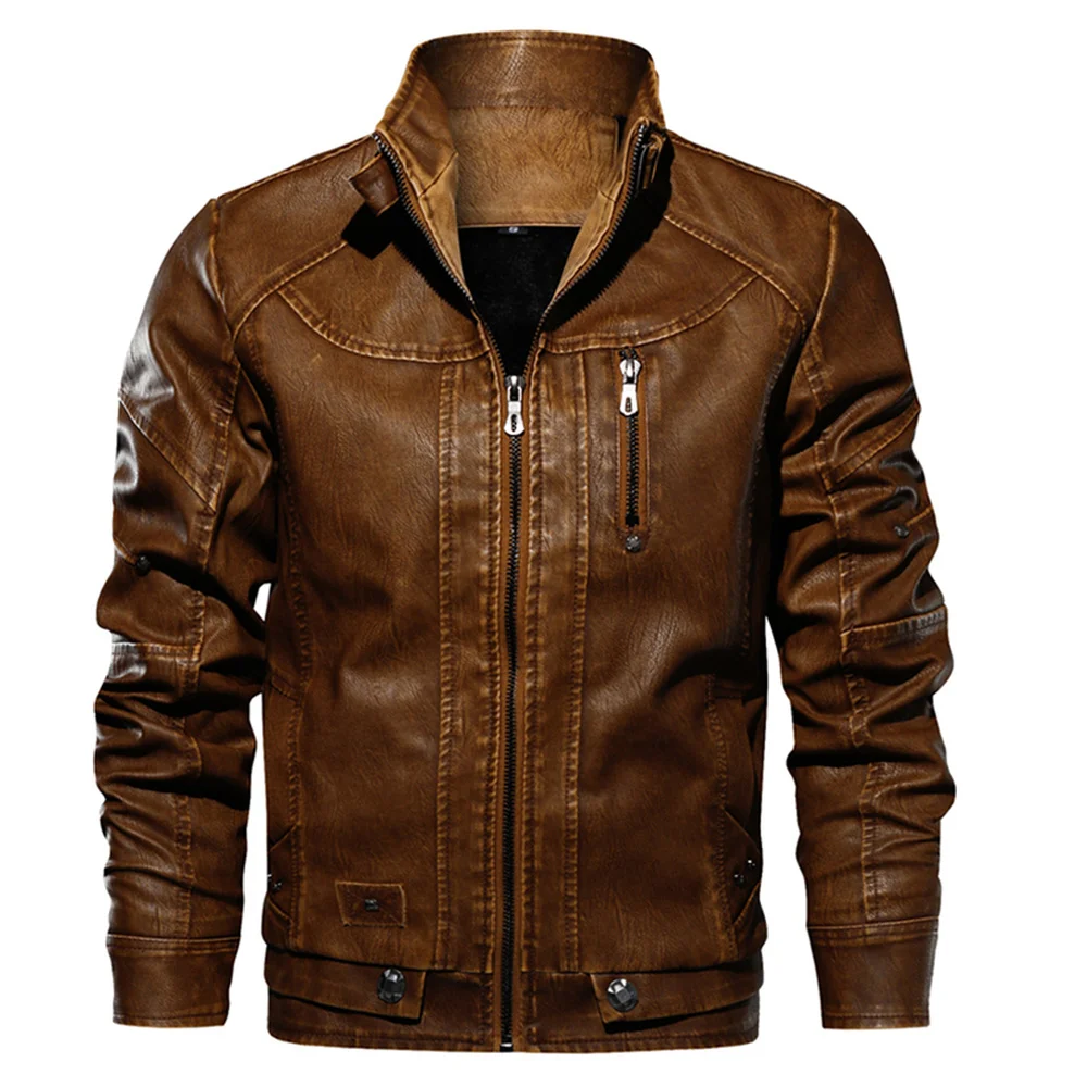 

Leather Jacket Men Stand Collar Motorcycle Washed Retro Velour Leather Jacket Winter Casual Fur Jacket Men European Size Coats