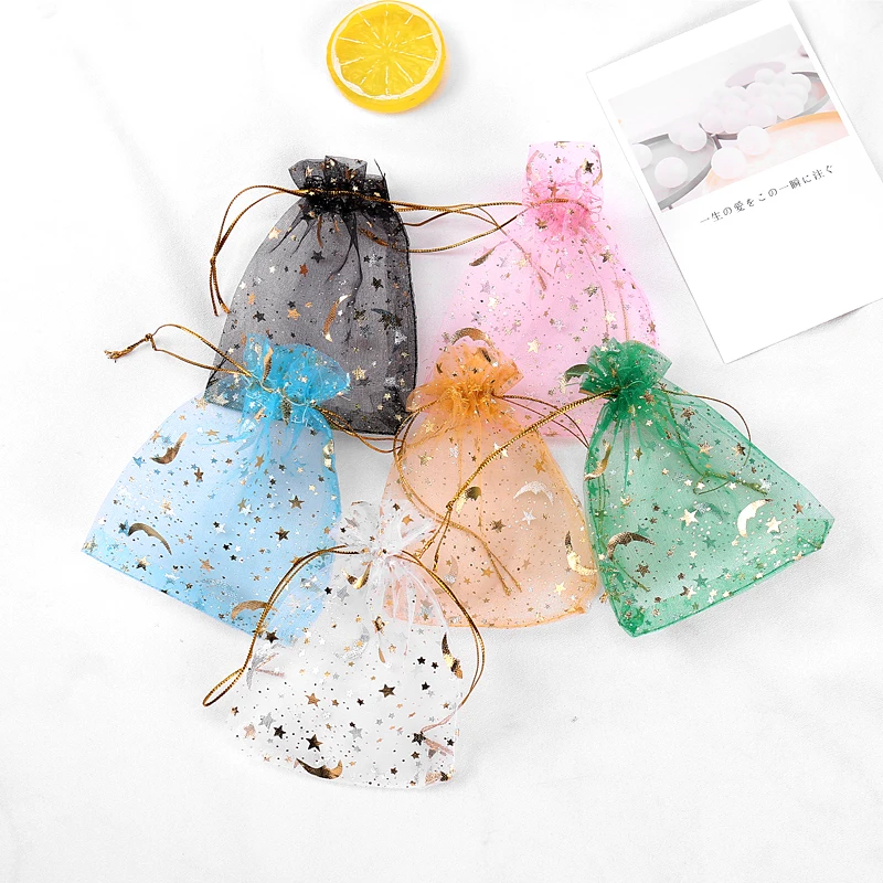 

Wholesale 100pcs/lot Cute Star Moon Printing Organza Bags Drawable Christmas Wedding Gift 7x9cm Jewelry Package Bags Pouches