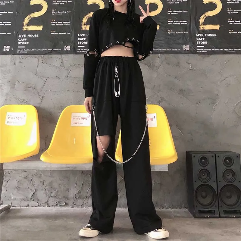 Брюки женские в стиле хип-хоп уличная одежда Корейском панк прямые широкие штаны