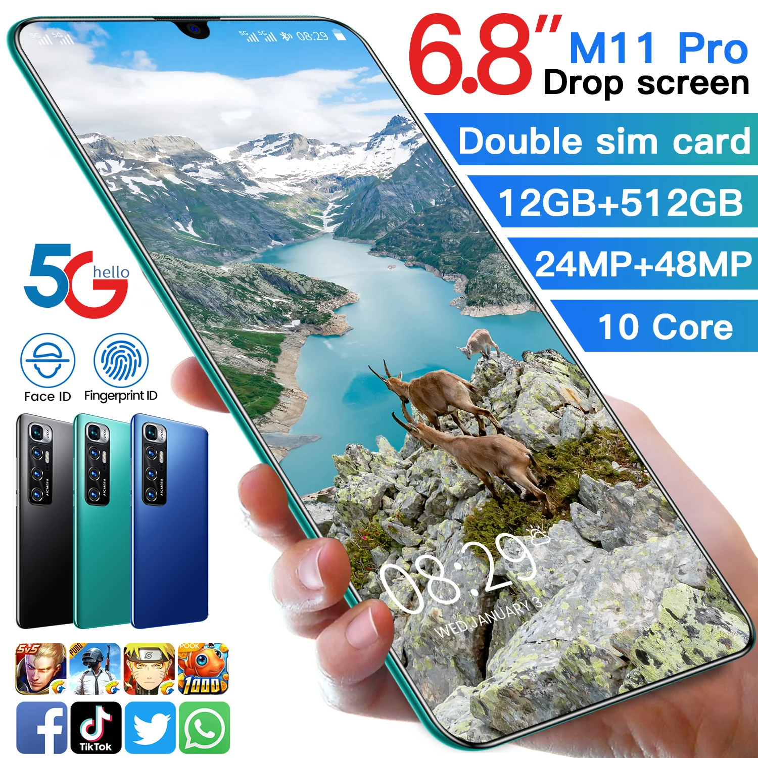 

M11 Pro 10 Core 6.8inch HD 1440*3200 5G 12GB+512GB 24MP+48MP Battery 5000Mah Android 10.0 Face Finger ID Cell Phone
