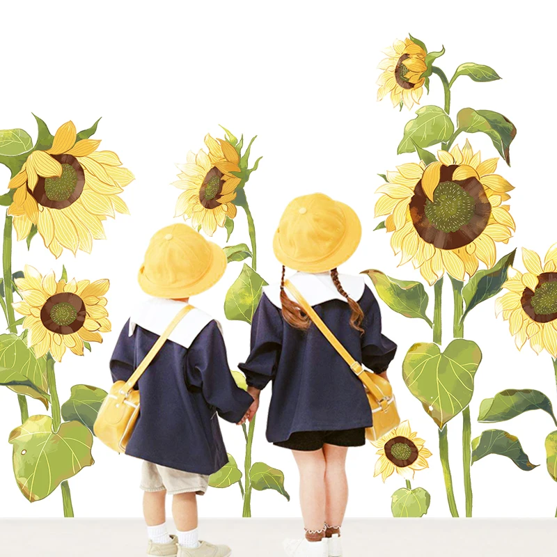 

Cartoon Sunflower Wall Stickers Flowers Living Room Bedroom Decor Sofa Background Art Vinyl Wallpaper Decals