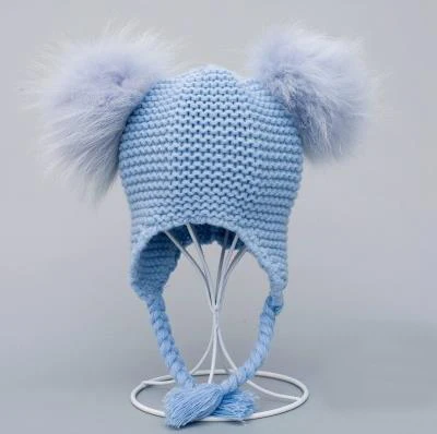 Детская шапка с меховым помпоном детская зимняя вязаная шапка-ушанка двумя