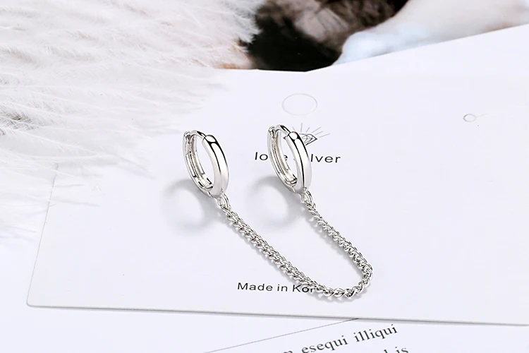 ANENJERY 1PC New 925 Sterling Silver Double Ear Hole Chain Hoop Earring For Women Minimalist Jewelry Dropshipping S-E971