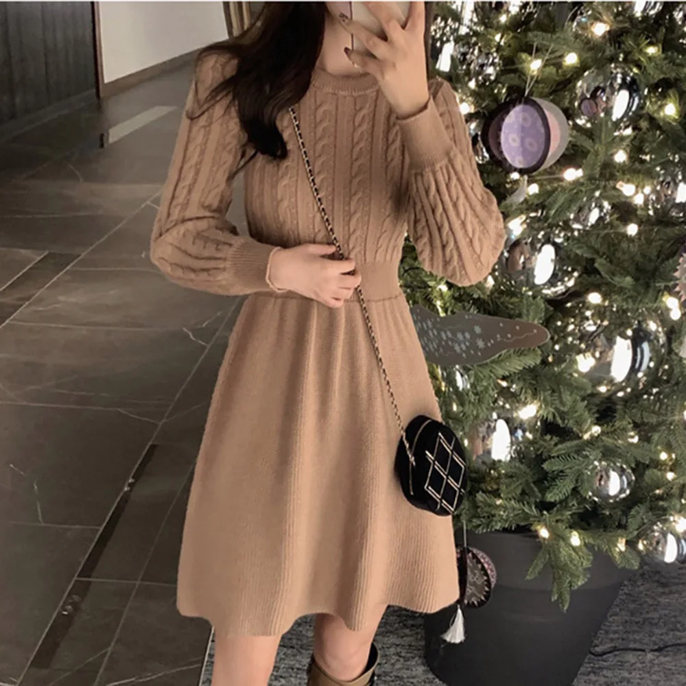 Женское Рождество Новый год платье-свитер Осень-зима вязаные асимметричное