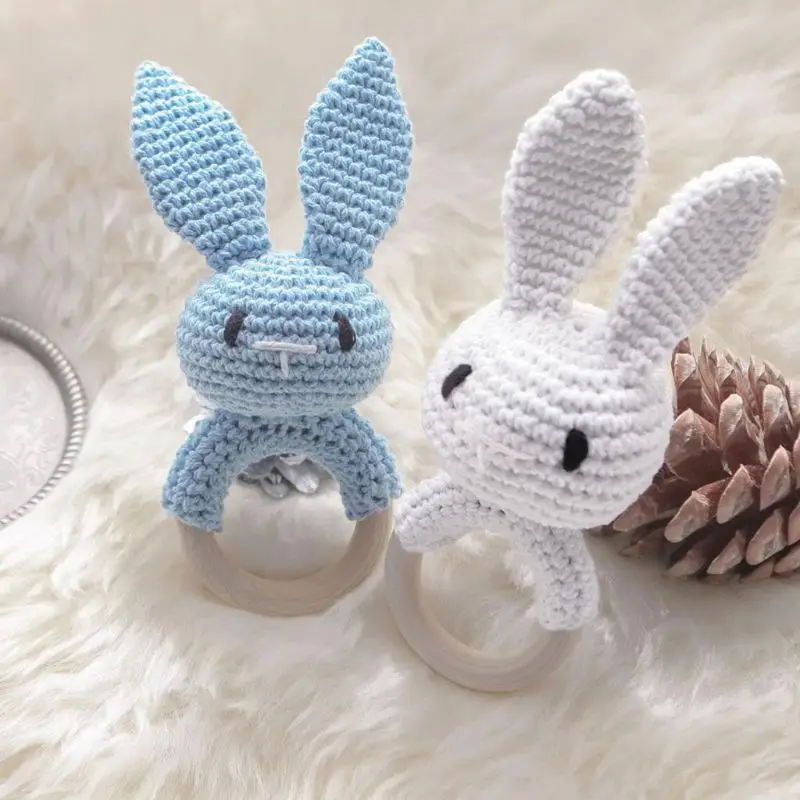 

Baby Wooden Teether Ring DIY Crochet Bunny Rattle Soother Bracelet Infant Teething Molar Play Toys