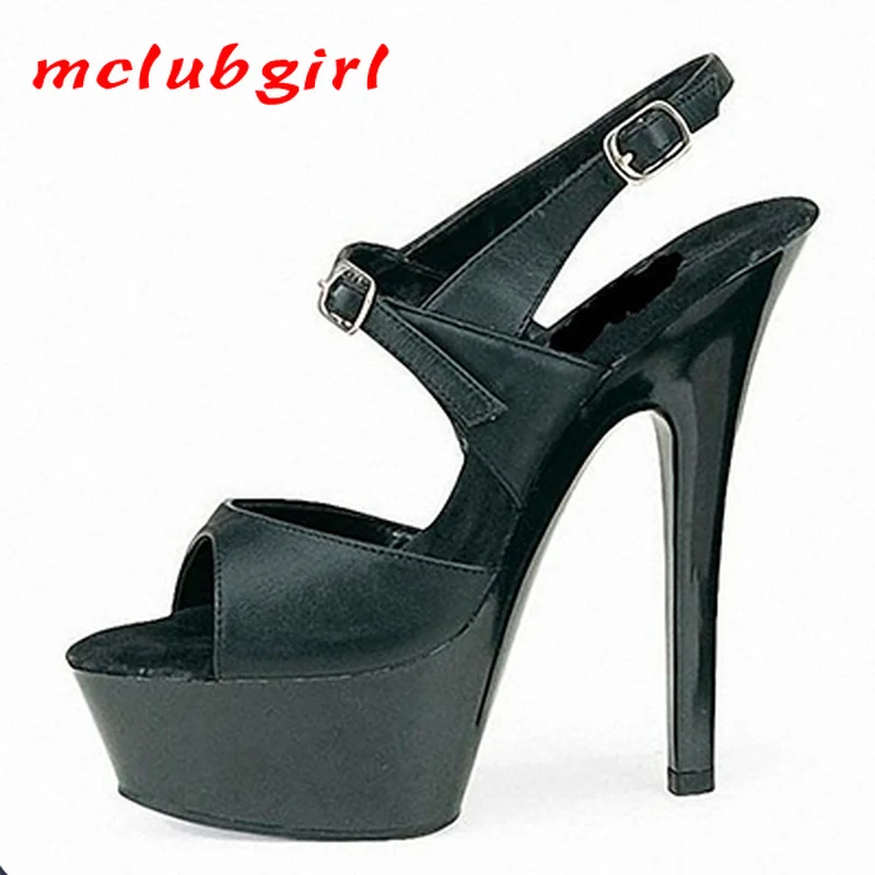 

Mclubgirl 15cm Heels Solid Color Hollow Round Head Buckle High Heels Sexy Waterproof Platform Fish Mouth Sandals LYP