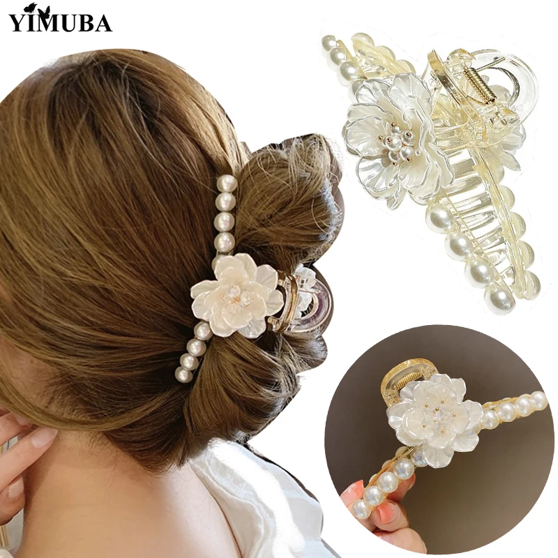 

Chic Pearls Hair Claws for Women Girls Elegant White Rose Barrette Hair Clips Temperament Hairpins Crab Headwear Jewelry 1Pcs