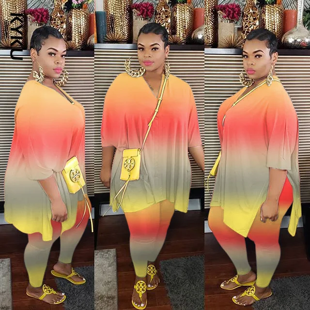 

Women's Set Plus Size S-5XL Gradient Print V-neck Tee tops jogger sweatpant suit two piece set sport matching set outfit