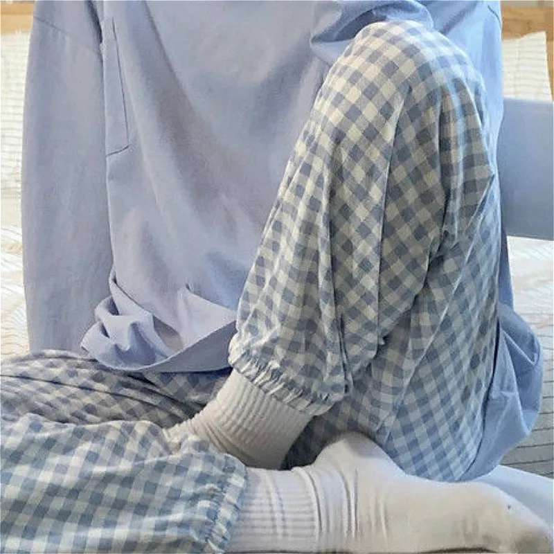

Pajama Sets Women Outfits 2 Pieces Set Pyjamas Female Lovely Nightwear Sweet Full Length Plaid Trousers Spring Comfortable Chic