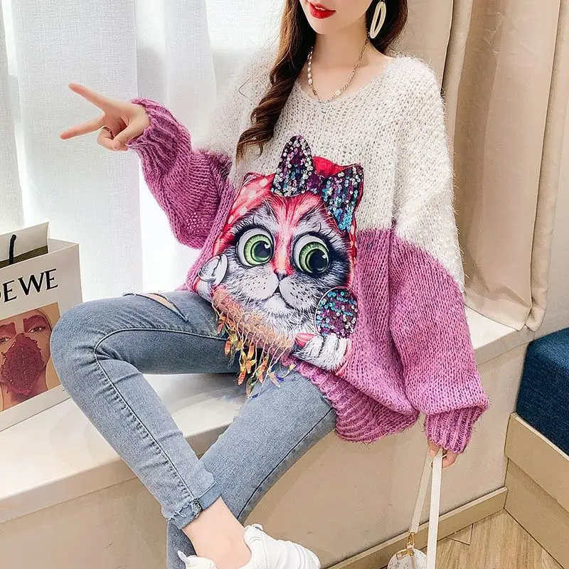 

Plus Size 2021 New Autumn and Winter V-neck Design Sense Ladies Loose Korean Sweater Sweater Pullover