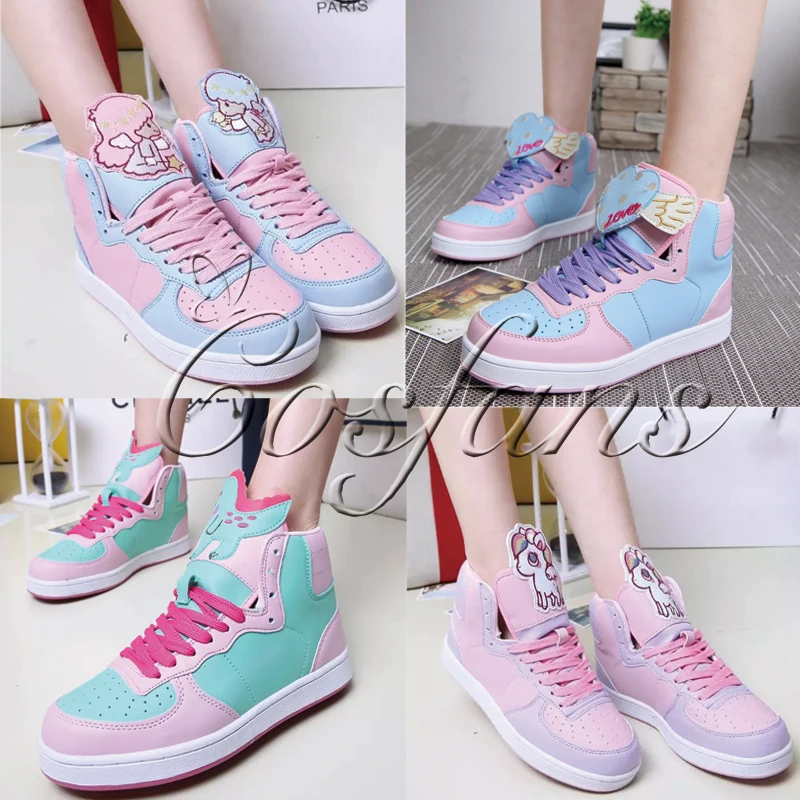

Anime cosplay japanese sweet lolita shoes round head flat heel high help color matching kawaii shoes loli cosplay women shoes