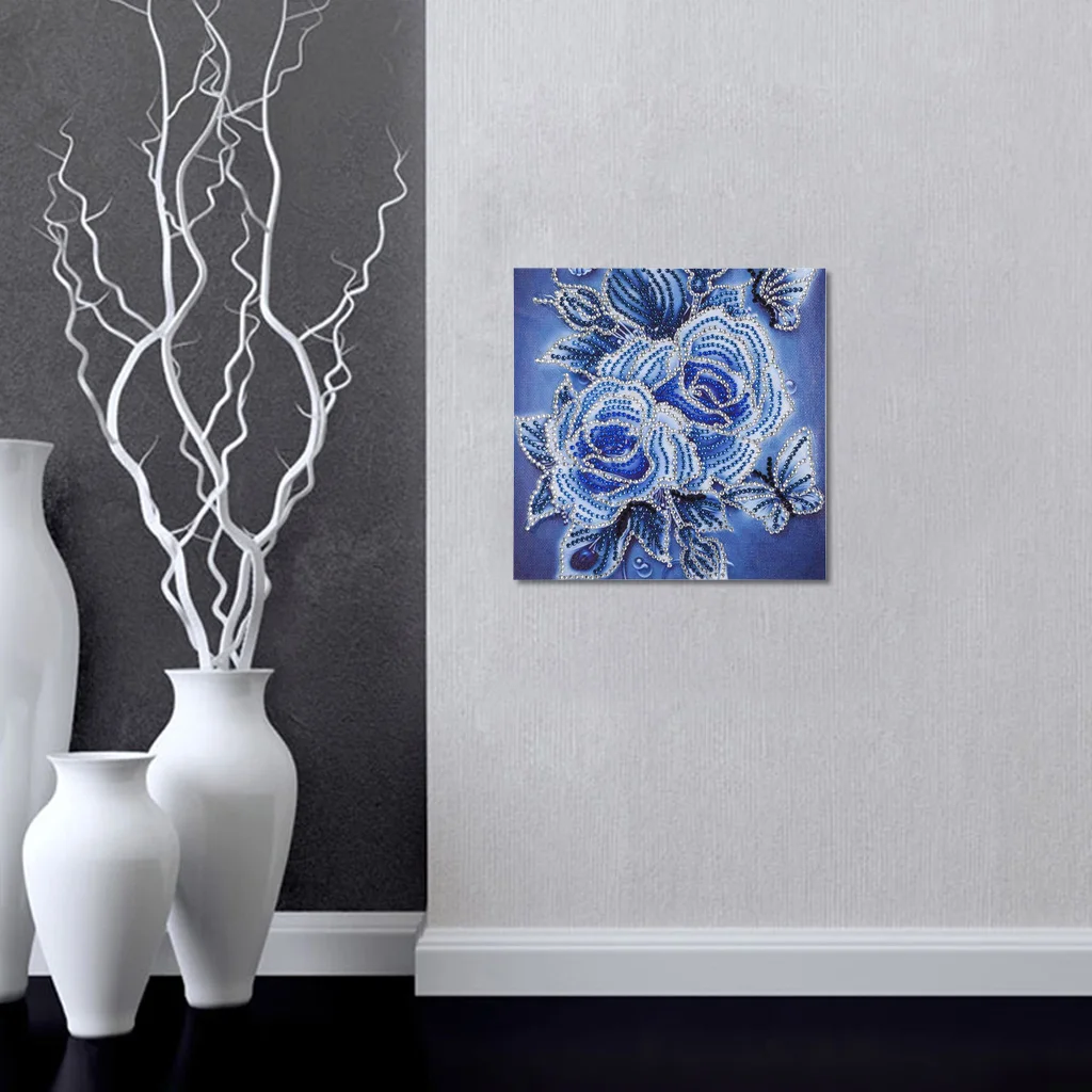 Алмазная картина в особой форме голубая роза цветок Бабочка Современный Узор