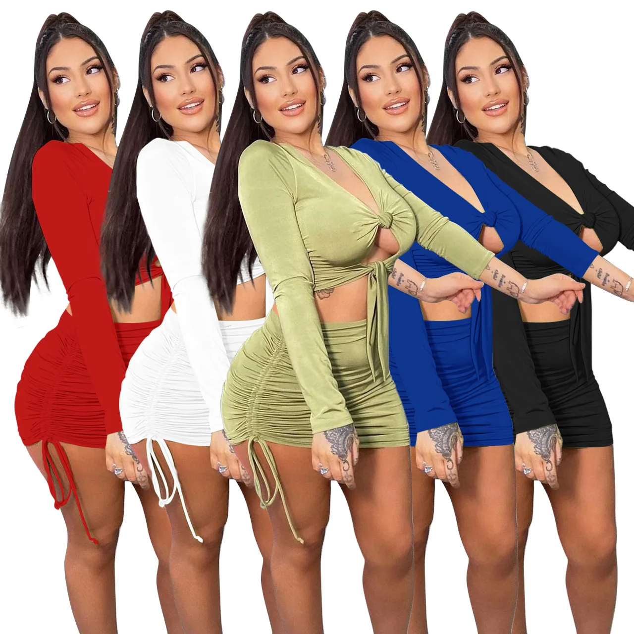 

Autumn Two Piece Set Dress Woman Sexy V-neck Wrap Chest Hollow Lace-up Crop Top And Drawstring Mini Skirt Night Club Outfits