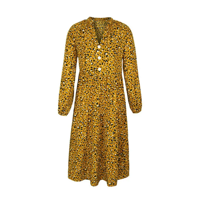 

Women's Leopard Print V-neck Dress Ladies Long Sleeve Casual Midi Dresses NEW