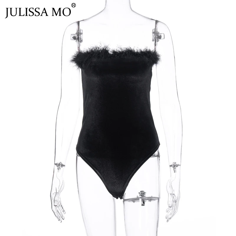 Julissa mo черное искусственное меховое перо Сексуальное Женское боди без рукавов с открытыми плечами женские бархатные без бретелек Клубные Вечерние боди