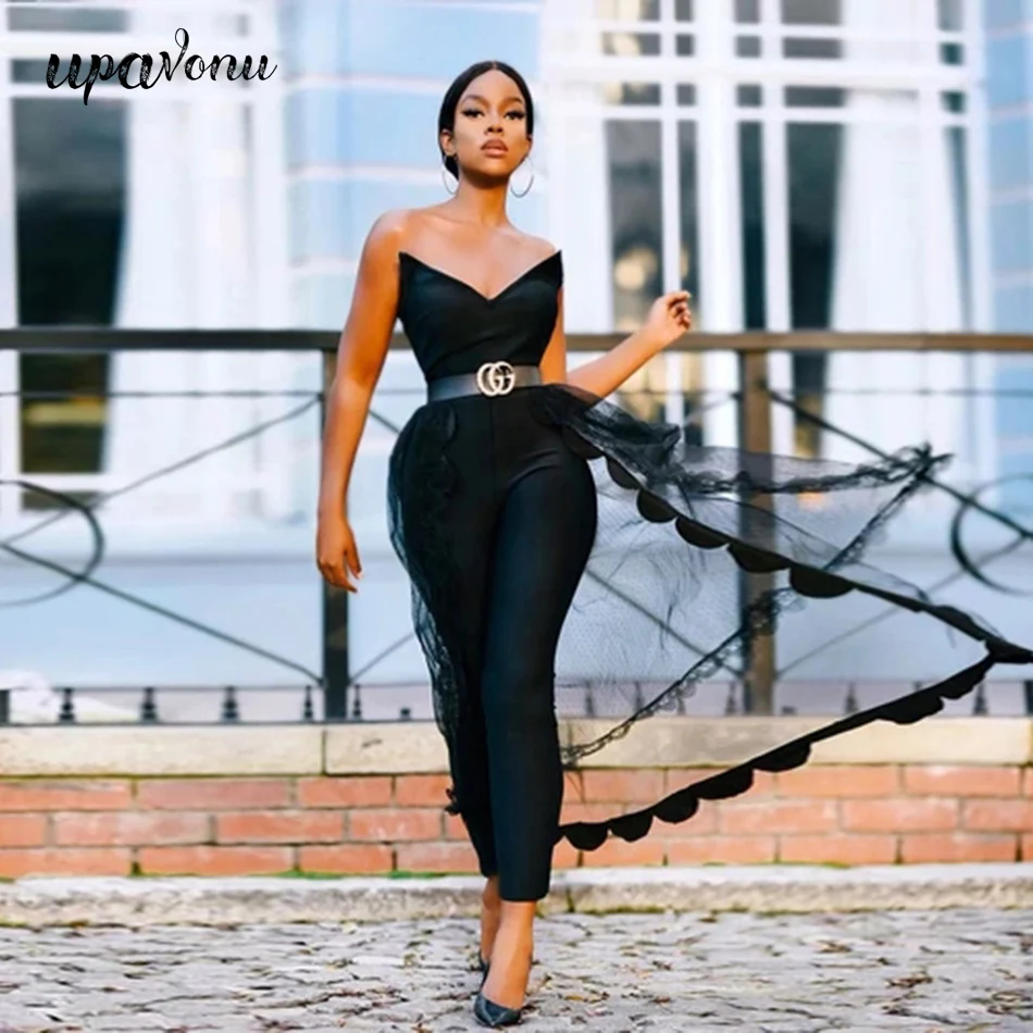 

Женский бандажный комбинезон с V-образным вырезом, черный сетчатый Облегающий комбинезон с лямкой на шее, лето 2020