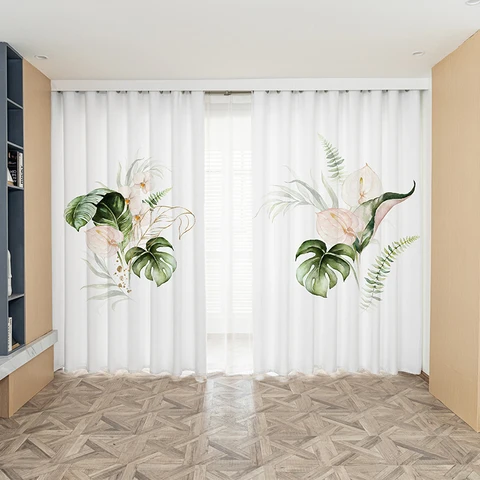 Занавески на заказ, тюлевые прозрачные шторы с акварельными листьями, цветами, растениями, для спальни, гостиной, кухни