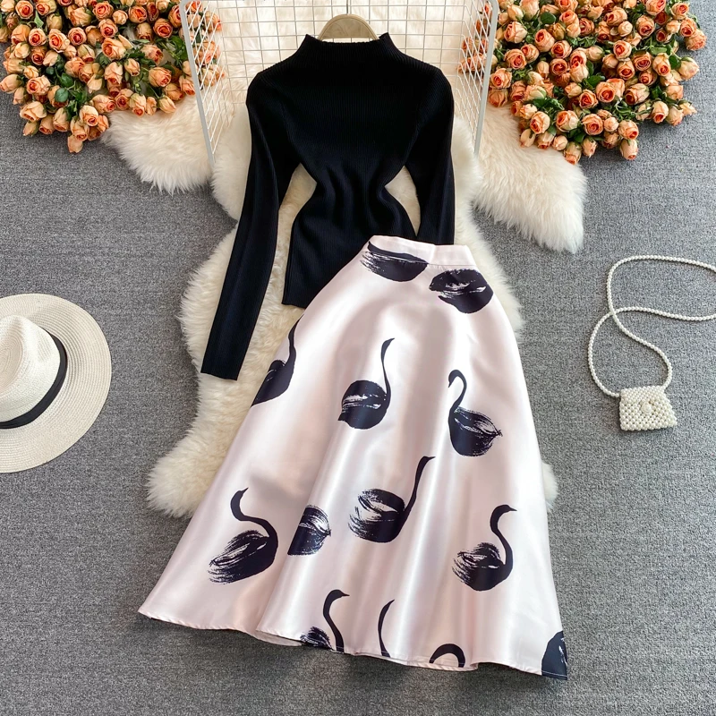 

Amolapha Women 2021 Spring Autumn New Sweater A-line Print Skirt 2pcs Sets Fashion Knitting Clothing Suits
