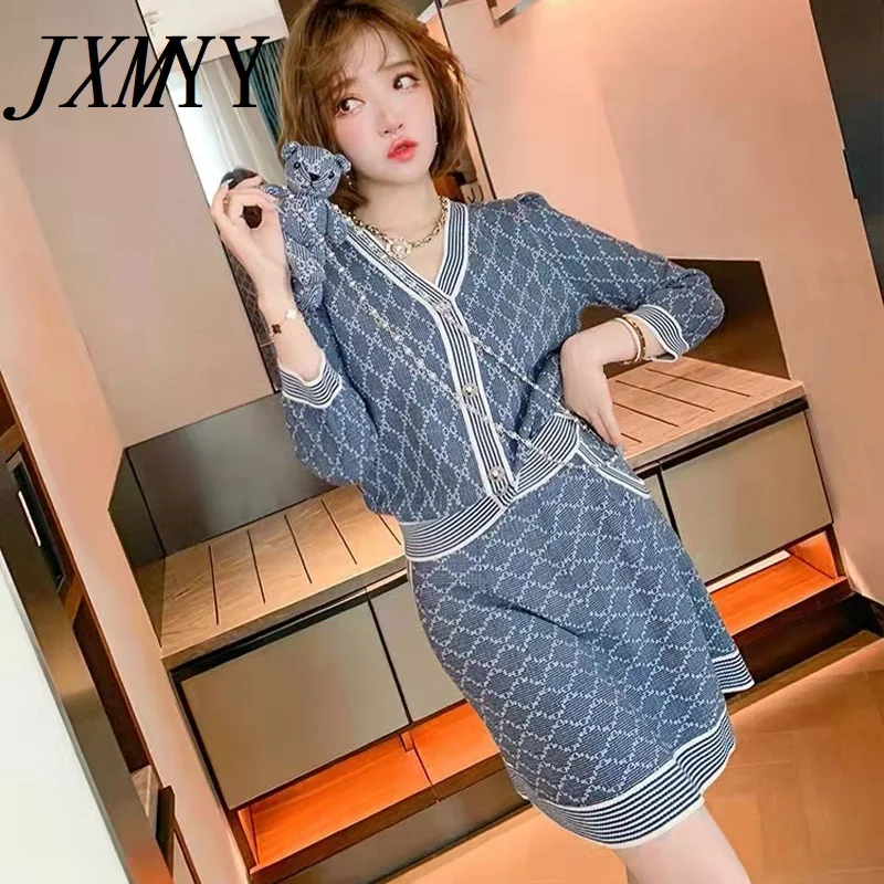 Женский трикотажный костюм JXMYY шерстяной топ + юбка контрастного цвета с