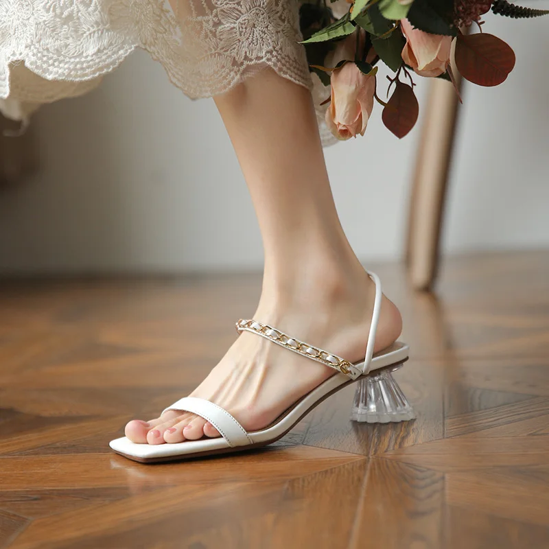 

Summer Hot Sell Women Slippers Genuine Leather Indoor Outdoor Party Shoes Crystal High-heeled Sandals 100% Cowhide