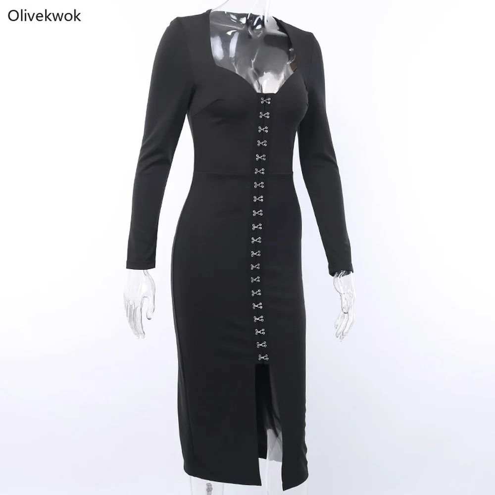 Olivekwok осеннее сексуальное платье миди с квадратным воротником и длинным рукавом