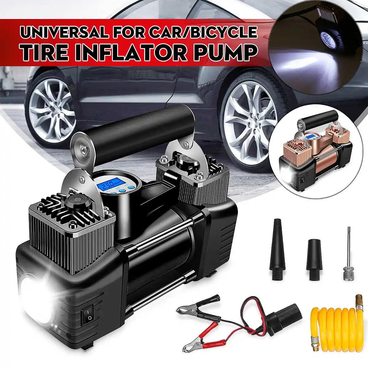 

140PSI 12V Air Compressor Tire Inflator Car Tire Pump with Digital Pressure Gauge Emergency Flashlight Double Metal Cylinder