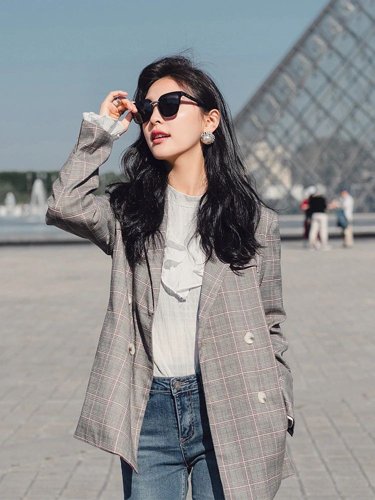 

OL Elegant Series2021 Spring New Women's Blazers Jacket Short Double-breasted Plaid Korean Clothes Office Lady Blazer Feminino