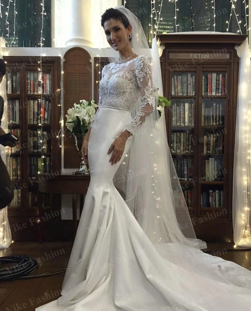 

Long Sleeves Mermaid Wedding Dress Scoop Lace Applique Sexy Backless Sweep Train Fashion Bridal Gown Plus Size Custom Made