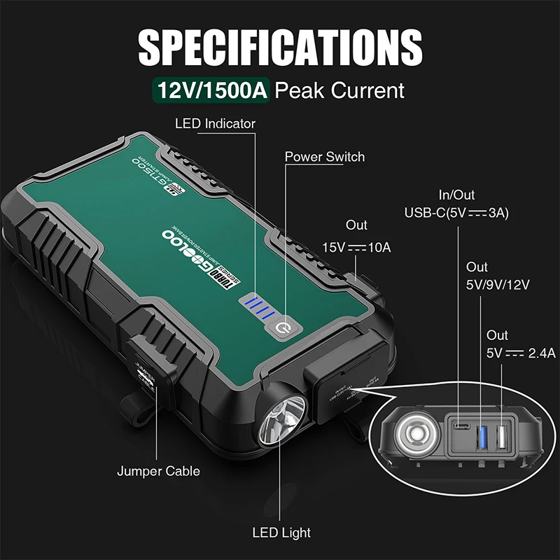 $53.02 GOOLOO Emergency Starting Power Bank Chargers 12V Car Battery Splitter Jump Starter Starting Device Vehicle Booster Lighter