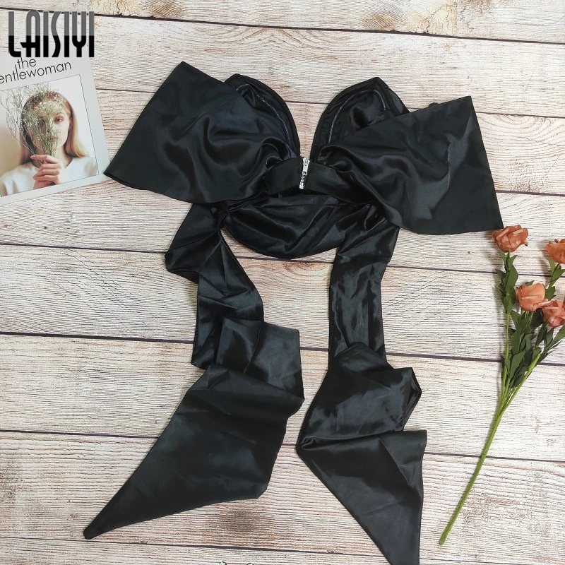

LAISIYI 2020 Fashion Blouses Women Satin Deep V-neck Off Shoulder Strapless Bow Lace up Backless Ladies Cropped Top Streetwear