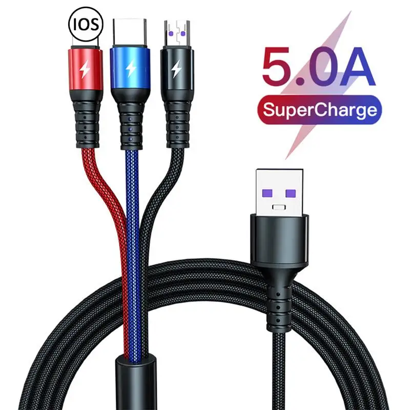 

3-In-1 5A Super Fast Charging Cable For IOS/Micro USB/Type-C Charger Cable Wire For IPhone/Huawei/Android IOS Adapter Data Cable