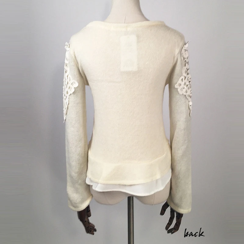 2019 зимний женский кружевной лоскутный свитер пуловер с длинным рукавом