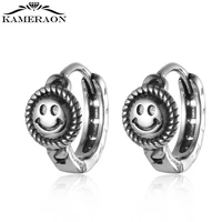 real 925 sterling silver smile face small hoop earrings retro happy earring fine jewelry for women girls punk style thai silver