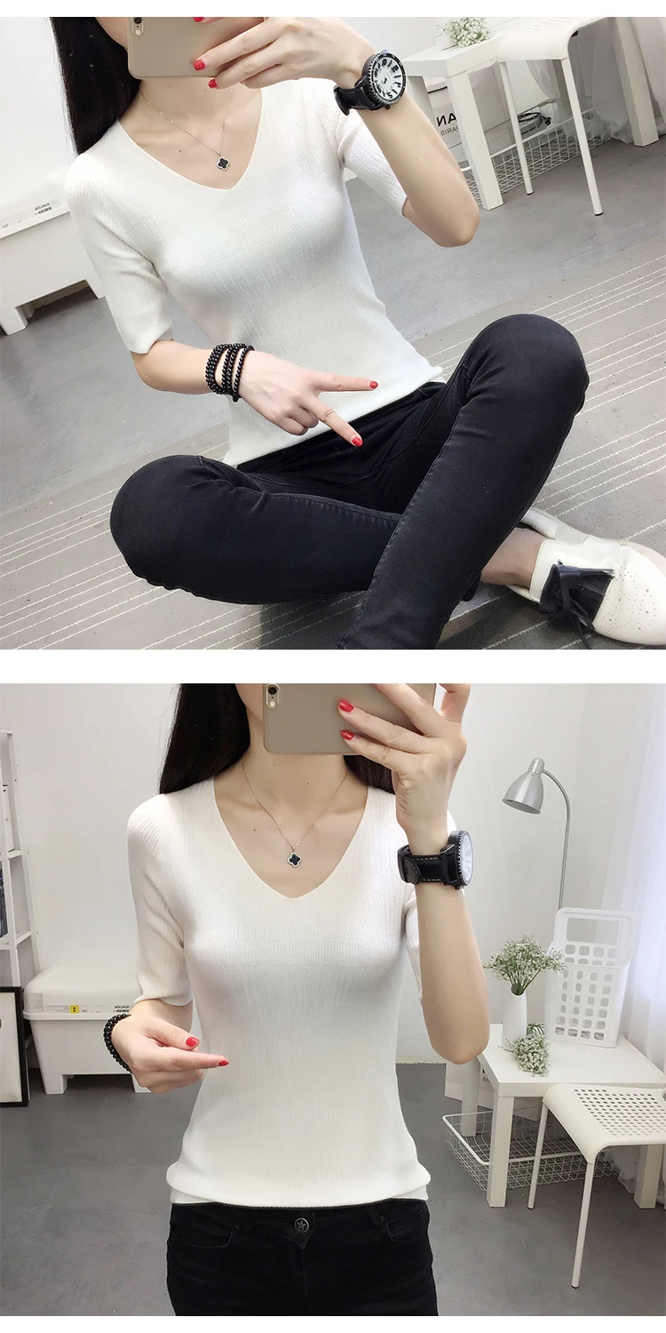OHCLOTHINGnew style2019, короткий рукав, хлопок, круглый вырез, свитер, Женский рукав, голова, рукав, рубашка, пять, Одноцветный, плотный свитер, тонкий, ремонт